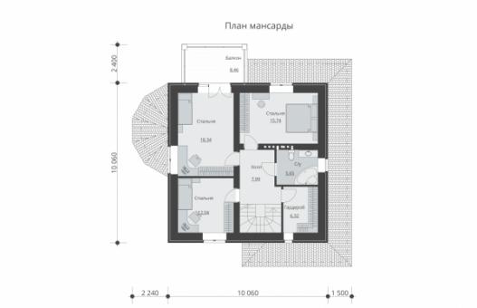 Одноэтажный дом с мансардой, террасой и балконом